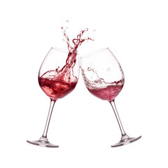 Two wine glasses clinking spill red wine, perfect for wine bars or celebratory occasions. Generative AI