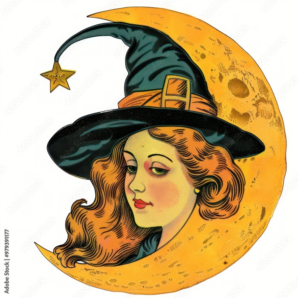 Wall mural halloween witch head in front of the moon toy art halloween vintage.