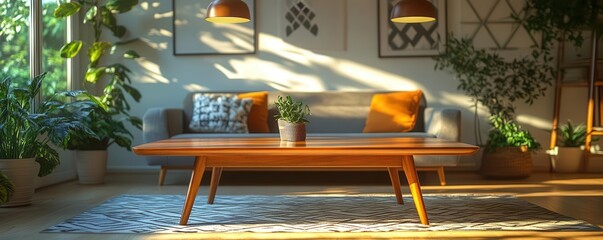 An artfully designed mahogany coffee table in a sunlit mid-century modern room