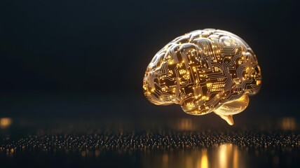 Golden brain glowing with circuits, surrounded by digital code, artificial intelligence concept, symbolizing the power of AIdriven knowledge and machine learning