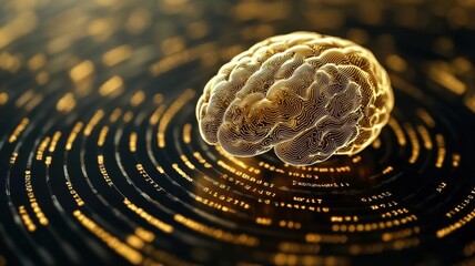 Golden brain surrounded by swirling mathematical equations and algorithms, symbolizing the computational power of AI