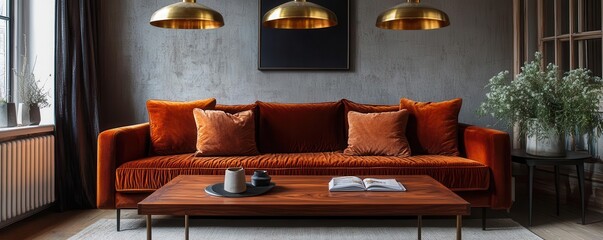 Mahogany coffee table in a warm, vintage-inspired living room with retro decor and brass pendant...