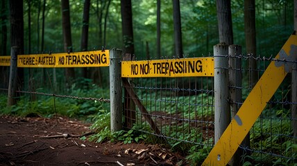 Fototapeta premium fence marked no trespassing, restricted area in the forest.