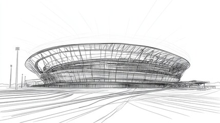 Line art illustration of an international stadium featuring a modern architectural design and dynamic structural elements