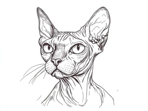 recommend clip art: Single continuous line art drawing of a hairless cat featuring a sphinx like feline with prominent eyes created in a flat doodle style against a white background