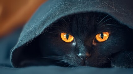 Black cat dressed as a ghost with glowing eyes, ghost cat, spooky Halloween cat portrait