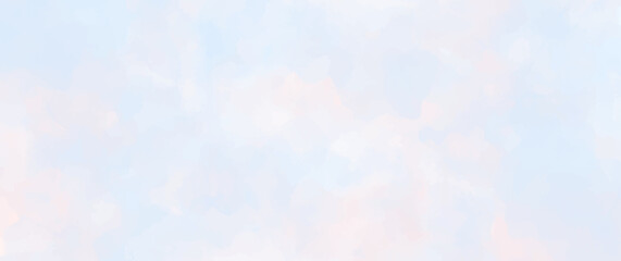 Watercolor vector art background with white and pink clouds and blue sky. Hand drawn vector texture. Sunset. Heaven. Abstract template for flyers, cards, poster, banner, cover or design interior.
