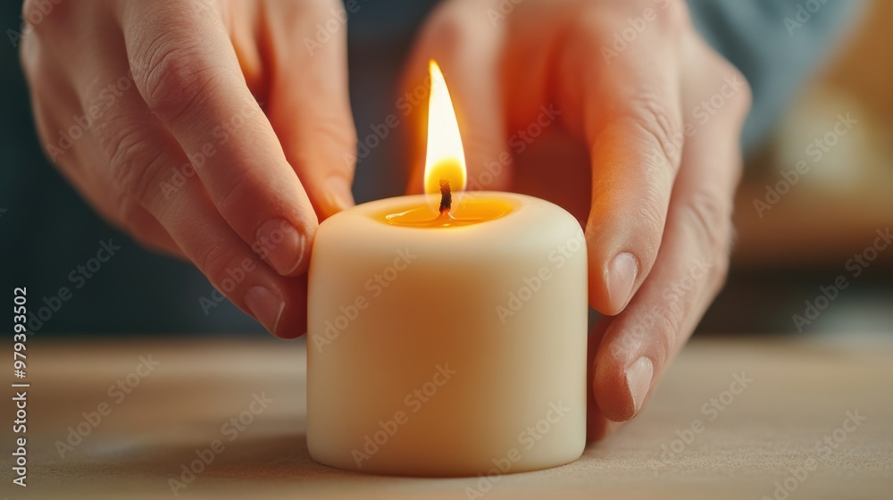 Sticker A person holding a lit candle in their hands on top of wood, AI