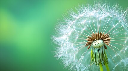 Close-up of a dandelion at seed stage, with seeds delicately ready to disperse, against a lush green backdropCapture the intricate details of the seeds in the wind