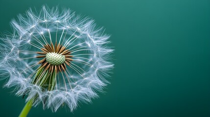 Fototapeta premium Close-up of a dandelion at seed stage, with seeds delicately ready to disperse, against a lush green backdropCapture the intricate details of the seeds in the wind
