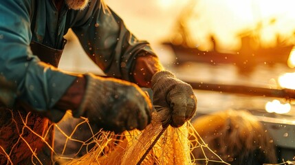 Fototapeta premium Fisherman mending nets at sunset by the sea with warm golden tones and soft bokeh effects in the background