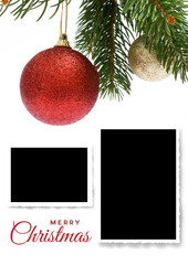 Christmas card with fir branch, red and gold baubles and two empty photo frames hanging