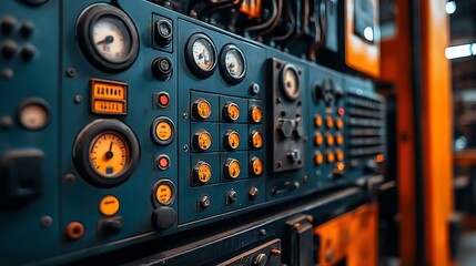 Obraz premium A large industrial electrical control box with multiple panels and gauges, presented in a clean and organized index format