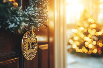 Open door and a year 2025 sign on the door and Christmas party inside with a decorated and illuminated Christmas tree