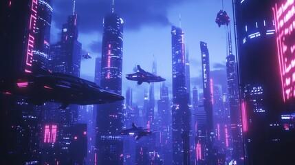 Obraz premium Cybernetic City Skyline with Neon-Lit Skyscrapers and Flying Vehicles