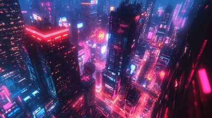 Fototapeta premium Cybernetic City Skyline with Neon-Lit Skyscrapers and Flying Vehicles