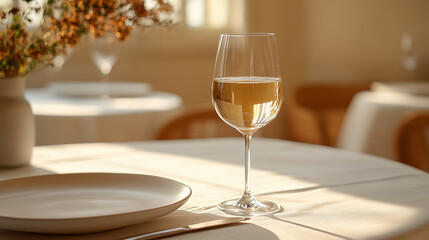 Glass of white wine on table in cafe, closeup. Space for text