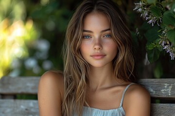 Fototapeta premium Natural Beauty in Sunlit Park - Young Woman with Messy Hair Sitting on a Bench
