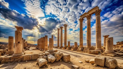 Ancient stone columns rise from the dusty earth, surrounded by crumbling ruins, with a vast expanse of blue sky and puffy white clouds above.