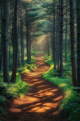 Obraz premium A serene forest path, lined with tall, dense pine trees, bathed in soft, diffused morning light