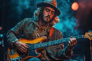 Obraz premium Live Performance: Musician Playing Guitar on Stage