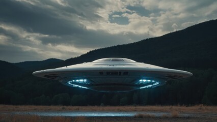 Obraz premium Alien sightings come alive with a sleek UFO landing, unveiling new cosmic secrets