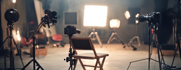 Empty Film Set with Director's Chair and Camera - AI generated illustration