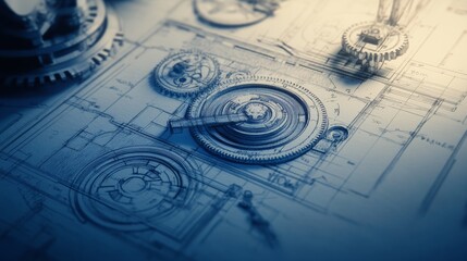 Close-up of a technical drawing of a machine design, with intricate details highlighted on the blueprint.