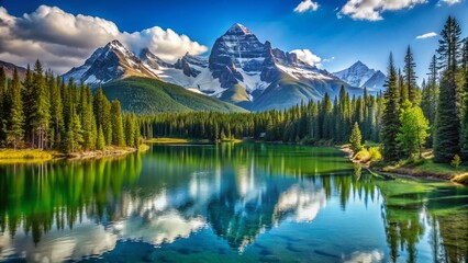 Majestic snow-capped mountain peaks rise above a serene alpine lake, surrounded by lush green forest and majestic pine trees, under a vibrant blue sky.