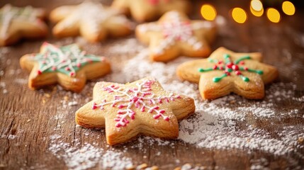 Deliciously decorated star-shaped cookies on a wooden surface, dusted with flour and set against soft festive lights.