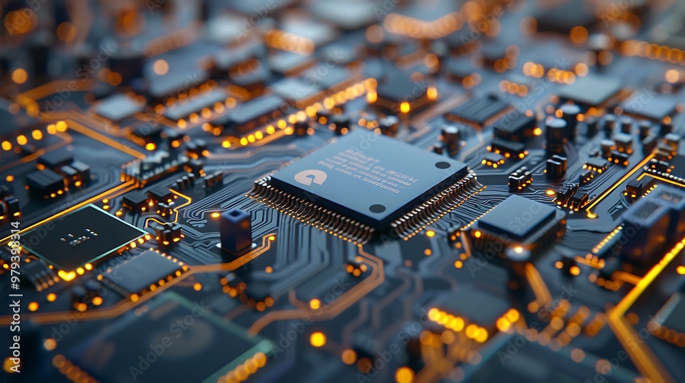 Poster close-up of a circuit board with a central processor chip, showcasing intricate wiring and electroni