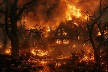 Fototapeta premium A dramatic scene of a house engulfed in flames, surrounded by burning trees and a dark, smoky sky The fire casts an orange glow, creating an intense atmosphere