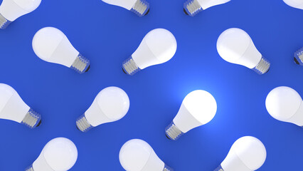 Light bulbs isolated on blue background. One bulb glowing. 3d illustration.