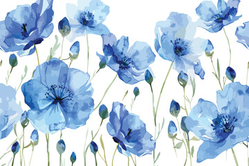 Elegant Blue Watercolor Flowers Pattern Clipart Isolated on White Background