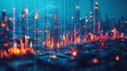 Futuristic city skyline with glowing data visualization over the buildings