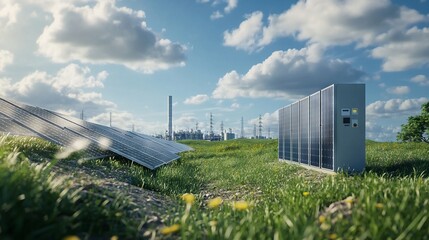 Obraz premium Photovoltaic Panels and Power Station - AI generated illustration.