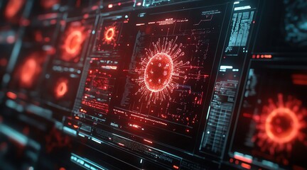 Obraz premium Multiple screens displaying virus data, cyber environment, glowing red visuals, dark setting