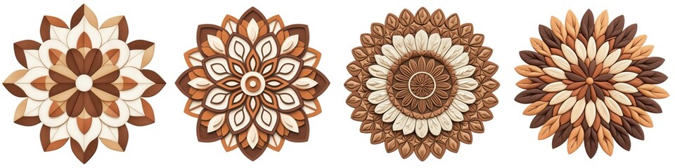 Elegant decorative motifs featuring intricate floral patterns in warm brown tones, perfect for adding a touch of nature to designs.