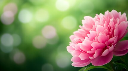 Fototapeta premium Close-up of a pink peony in full bloom against a blurred green backgroundThe lush petals are captured in high detail, making it ideal for feminine, beauty, or wedding-related content
