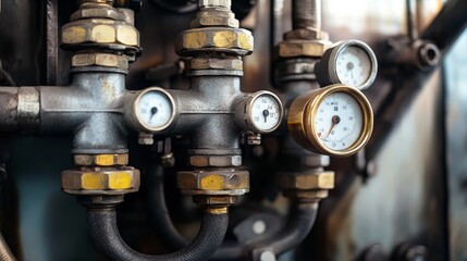 Close-up of hydraulic systems powering a transport machine, with focus on the tubes, bolts, and pressure gauges.