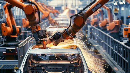 Robotic arms welding car chassis in automated manufacturing line for representing advanced automation precision engineering and modern industrial production concept.