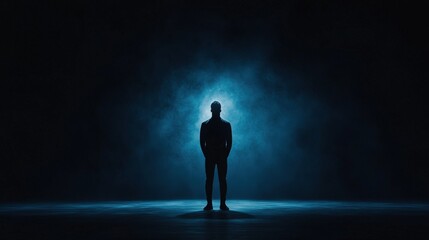 Obraz premium Silhouette of Man Standing in Blue Light and Smoke