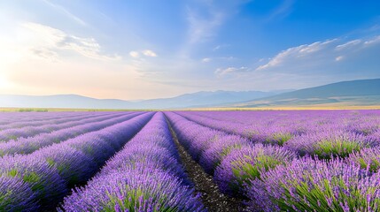 Obraz premium A vast lavender field stretching to the horizon under a cloudless blue sky, with rows of purple blooms creating a peaceful and harmonious landscape