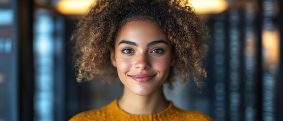 Smiling woman standing confidently in a server room, modern and techsavvy environment