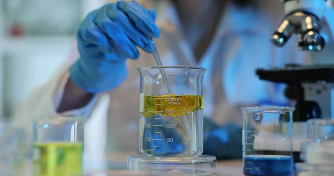 Oil in water emulsions and mixing of oils in the liquid phase. Scientific laboratory and chemicals