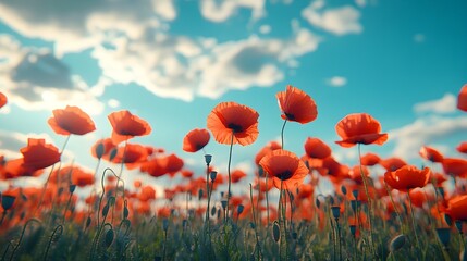 Obraz premium A vibrant field of red poppies gently swaying under a crisp blue sky, capturing the essence of springEach flower moves in harmony with the wind