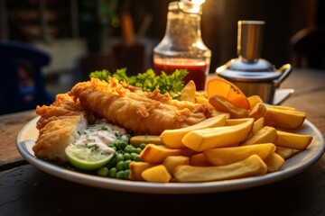 Close up of fish and chips served on plate