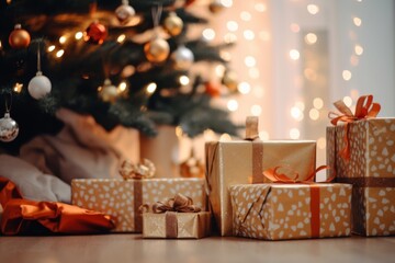 Christmas presents under tree in cozy home