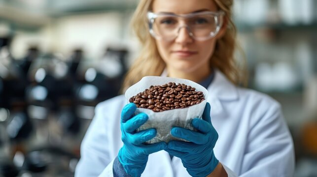 Female scientist analyzing coffee beans in laboratory wearing protective gear, coffee beans at laboratory.