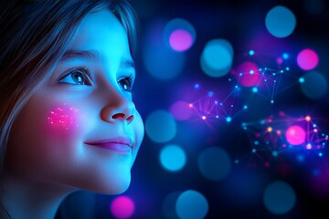 Child gazing at glowing pink and blue digital lights symbolizing curiosity wonder and the boundless potential of imagination in the digital age